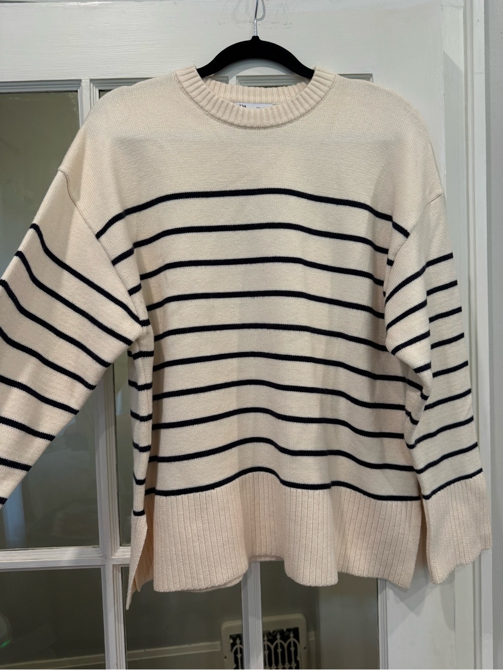 Zara Cream and Black Striped Crewneck Sweater